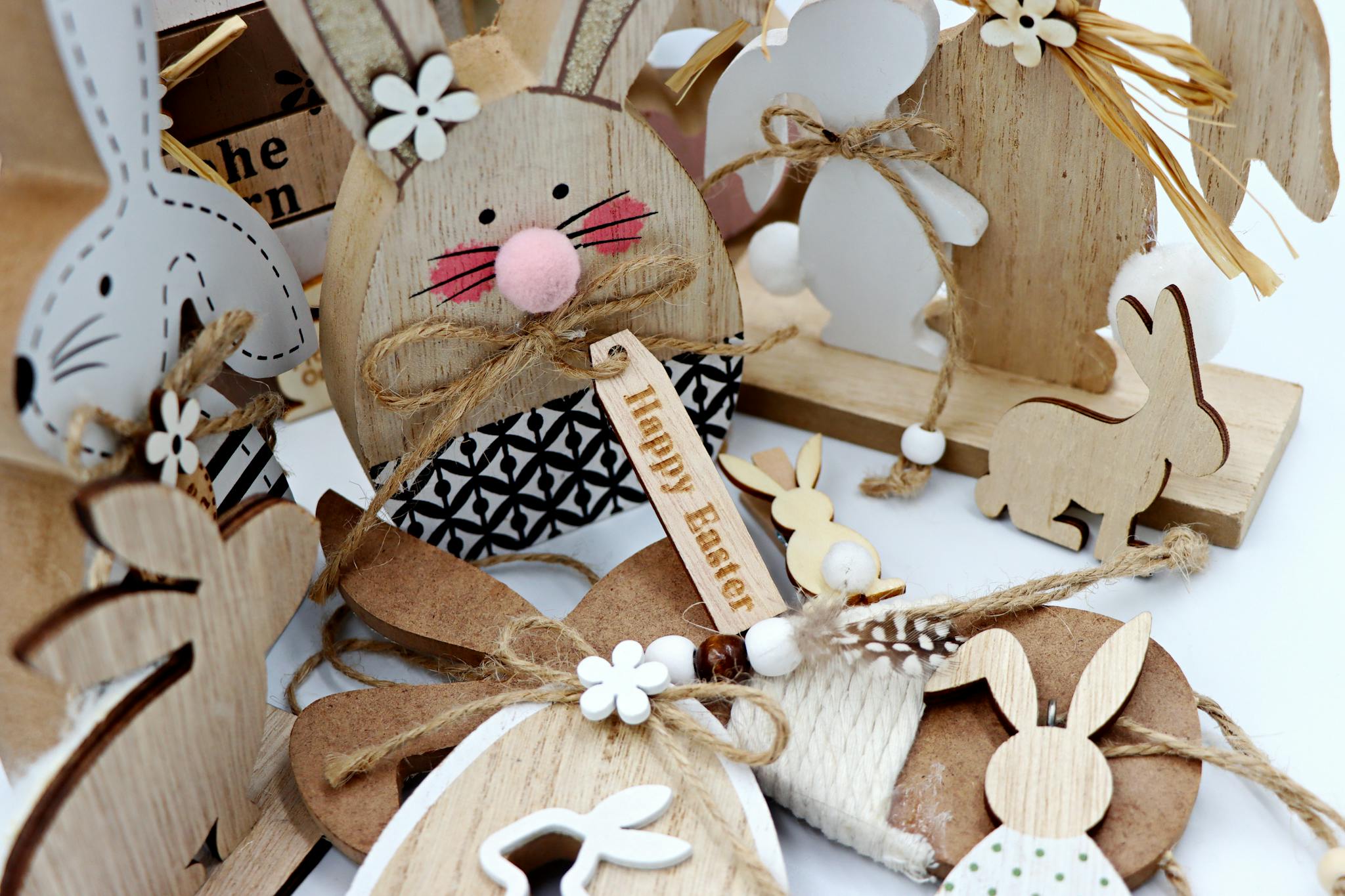 Natural Easter Background with Easter Bunny Wooden Figures